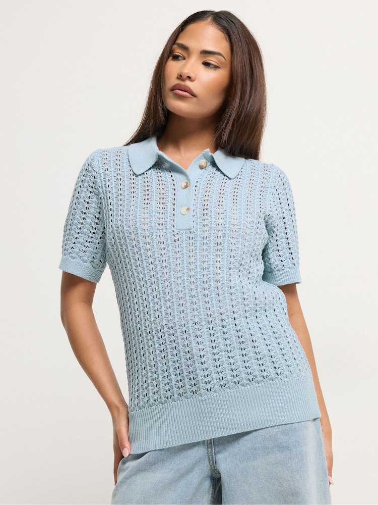 PixieGirl Petite Blue Crochet Polo Top - Image 1 of 5 PixieGirl Petite Blue Crochet Polo Top - Image 1 of 5