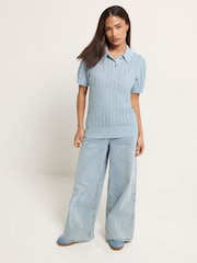 PixieGirl Petite Blue Crochet Polo Top - Image 2 of 5