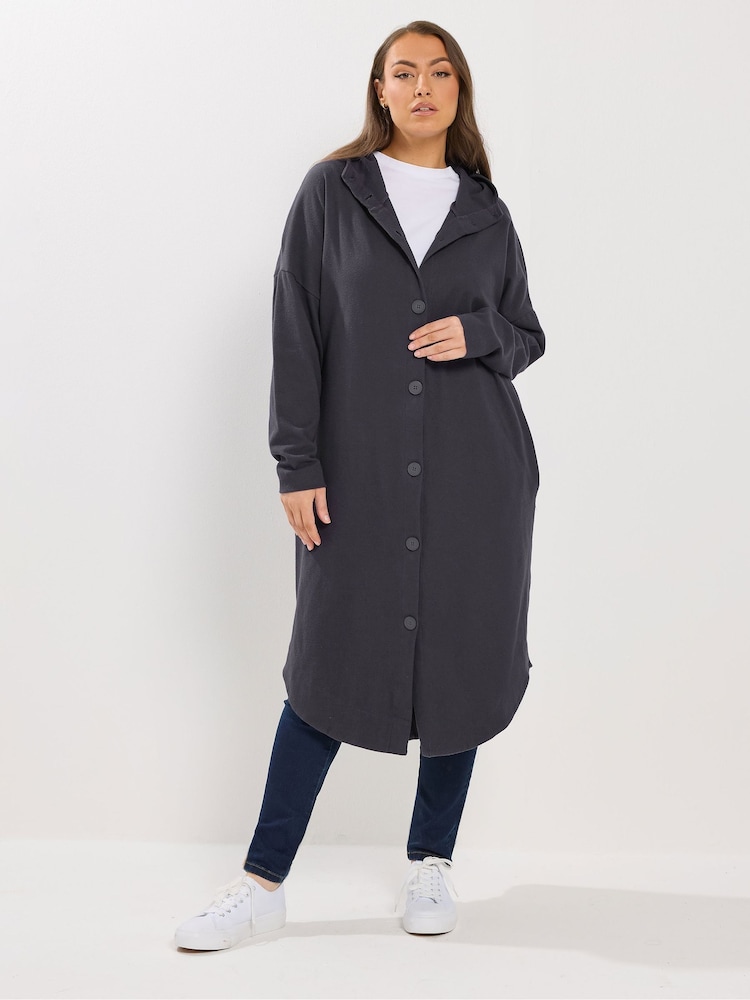 Yours Curve Grey Button Through Hooded Coat - Image 2 of 5