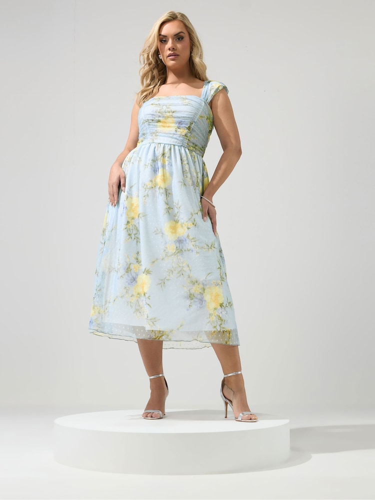 Yours Curve Blue London Spot Mesh Gathered Skater Dress - Image 1 of 5
