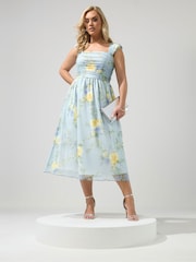 Yours Curve Blue London Spot Mesh Gathered Skater Dress - Image 2 of 5