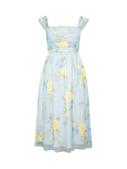 Yours Curve Blue London Spot Mesh Gathered Skater Dress - Image 5 of 5