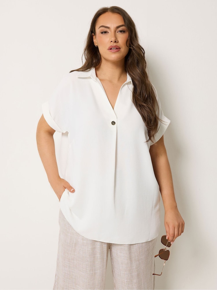 Yours Curve White Collar Button Half Placket Blouse - Image 1 of 4