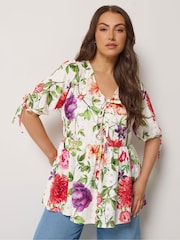 Yours Curve White Broderie Anglaise Bow Tie Front Peplum Blouse - Image 1 of 5