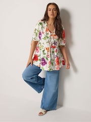 Yours Curve White Broderie Anglaise Bow Tie Front Peplum Blouse - Image 2 of 5