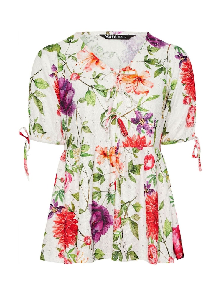 Yours Curve White Broderie Anglaise Bow Tie Front Peplum Blouse - Image 5 of 5