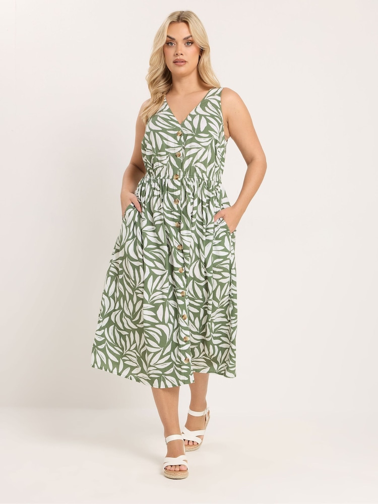 Yours Curve Green Leaf Print Sundress - Image 1 of 5