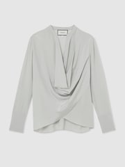 Reiss Grey Lauren Matte Silk Draped Shirt - Image 2 of 6