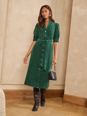 ירוק יער - Love & Roses Cord Scallop Detail Midi Dress - תמונה 1 מתוך 5