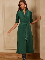 ירוק יער - Love & Roses Cord Scallop Detail Midi Dress - תמונה 3 מתוך 5