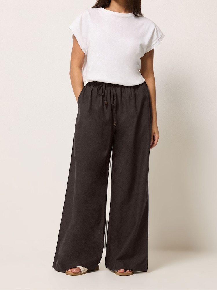 PixieGirl Petite Brown Linen Blend Bead Drawstring Wide Leg Trousers - Image 2 of 5