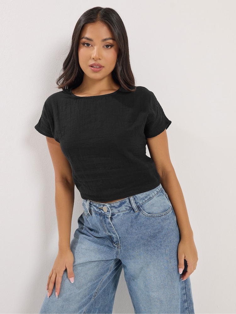 PixieGirl Petite Black Cheesecloth Lace Back Top - Image 1 of 4 PixieGirl Petite Black Cheesecloth Lace Back Top - Image 1 of 4