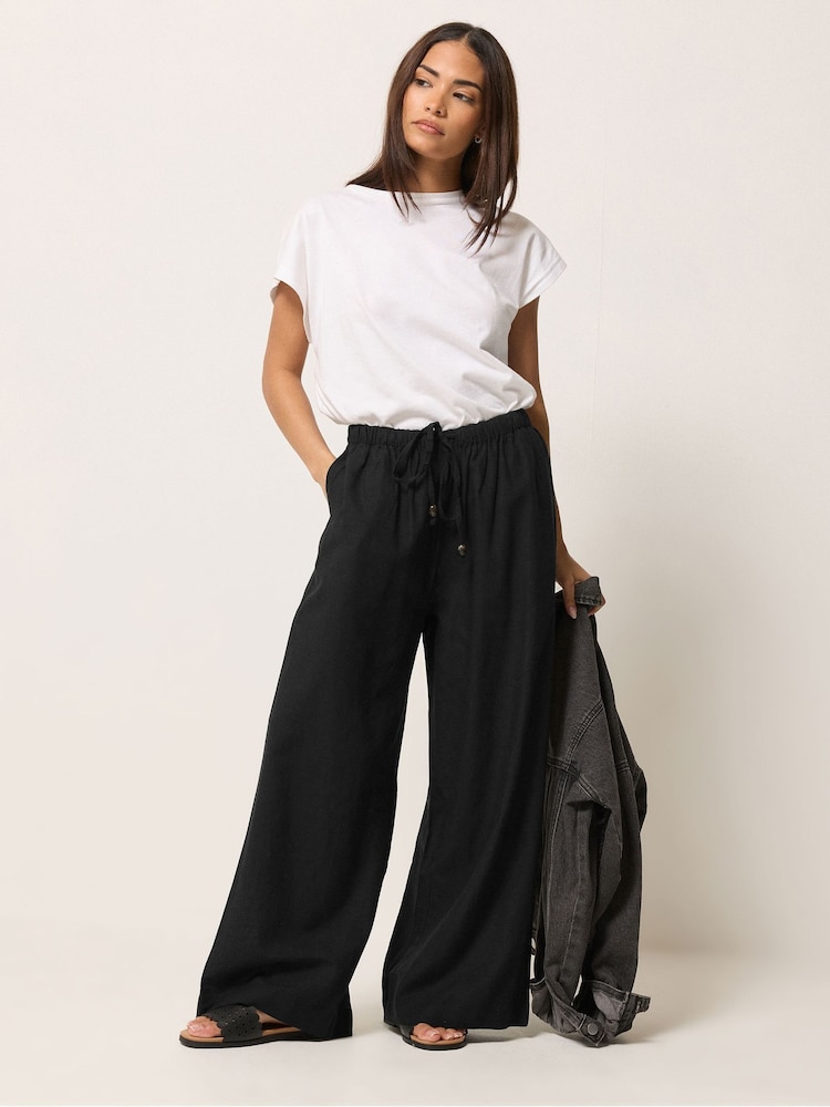 PixieGirl Petite Black Ground Linen Blend Bead Drawstring Wide Leg Trousers - Image 1 of 5