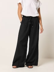 PixieGirl Petite Black Ground Linen Blend Bead Drawstring Wide Leg Trousers - Image 2 of 5