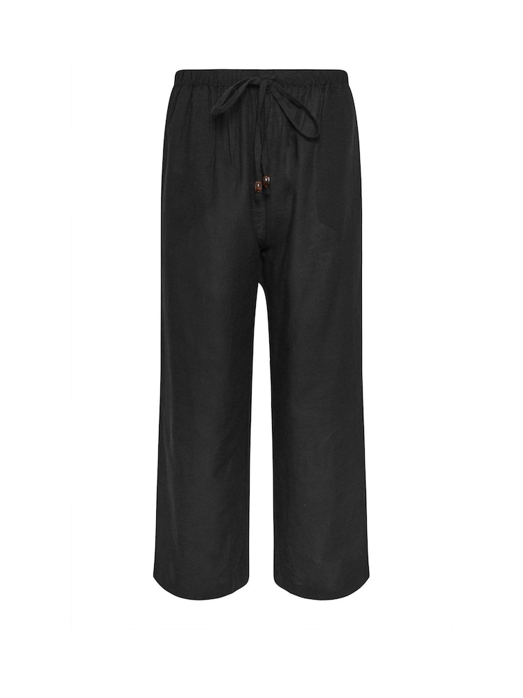PixieGirl Petite Black Ground Linen Blend Bead Drawstring Wide Leg Trousers - Image 5 of 5