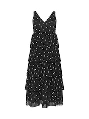 PixieGirl Petite Black Spot Chiffon Tiered Midi Dress - Image 5 of 5
