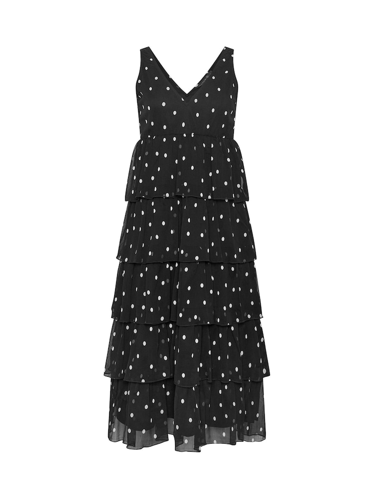 PixieGirl Petite Black Spot Chiffon Tiered Midi Dress - Image 5 of 5
