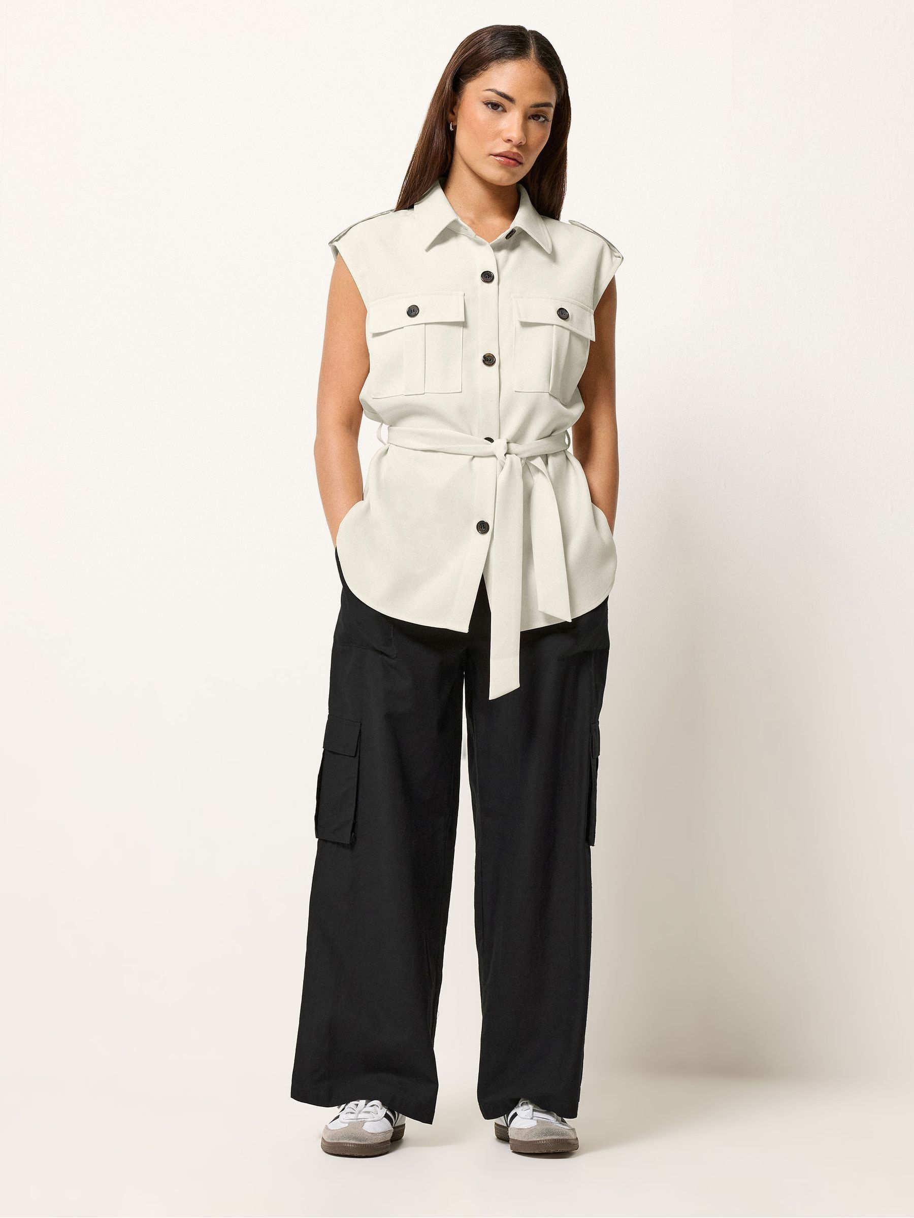 PixieGirl Women's Petite Cargo Wide Leg Trousers in Black | Size: 16S - Image 1