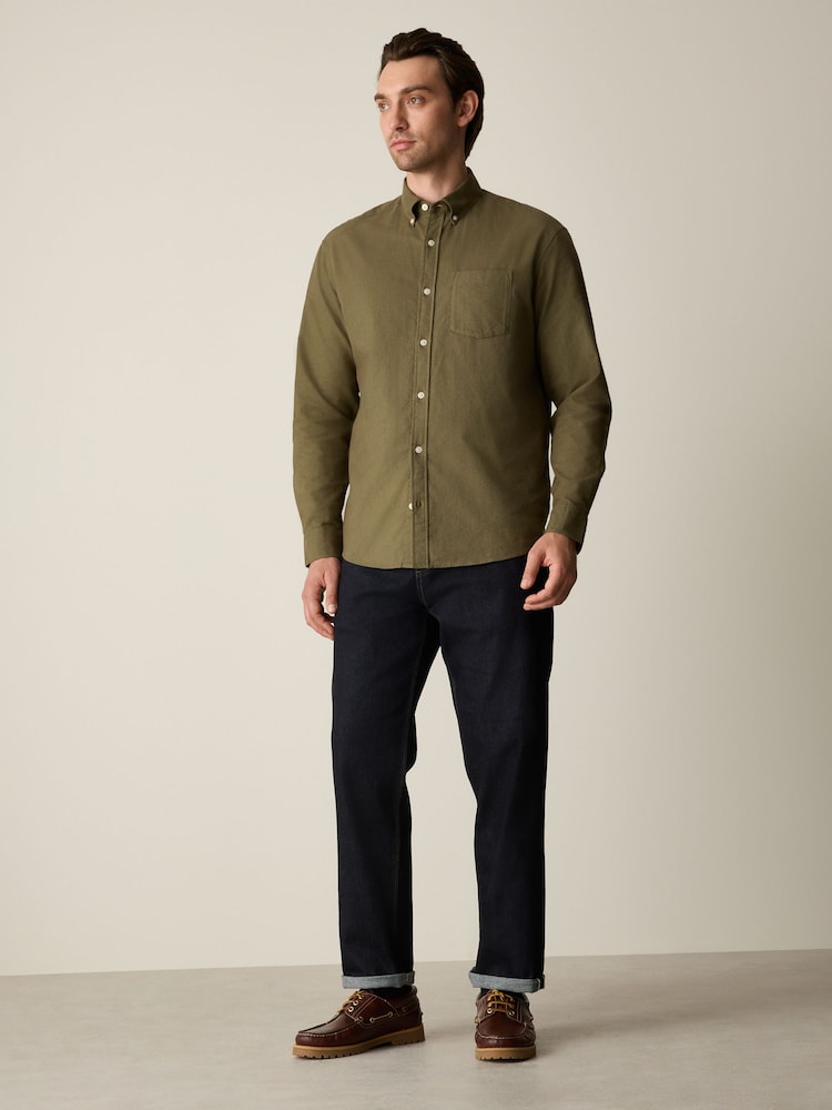 Khaki Green Brushed Oxford Long Sleeve Shirt - Image 2 of 7