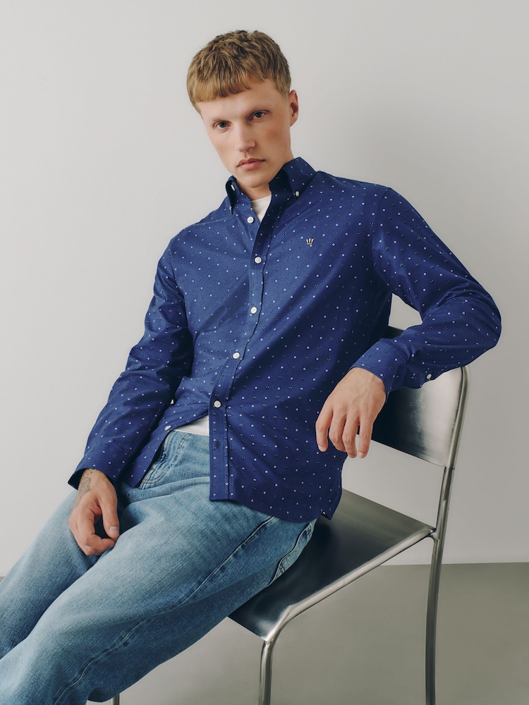 Navy Print Stretch Oxford Slim Fit Long Sleeve Shirt - Image 1 of 10 Navy Print Stretch Oxford Slim Fit Long Sleeve Shirt - Image 1 of 10