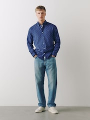 Navy Print Stretch Oxford Slim Fit Long Sleeve Shirt - Image 2 of 10