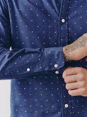 Navy Print Stretch Oxford Slim Fit Long Sleeve Shirt - Image 7 of 10