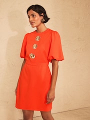 Love & Roses Orange Puff Sleeve Gold Button Mini Dress - Image 1 of 4