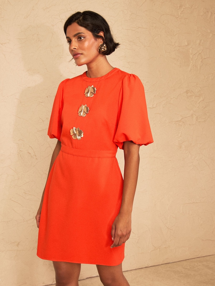 Love & Roses Orange Puff Sleeve Gold Button Mini Dress - Image 1 of 4 Love & Roses Orange Puff Sleeve Gold Button Mini Dress - Image 1 of 4