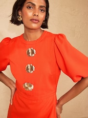 Love & Roses Orange Puff Sleeve Gold Button Mini Dress - Image 2 of 4