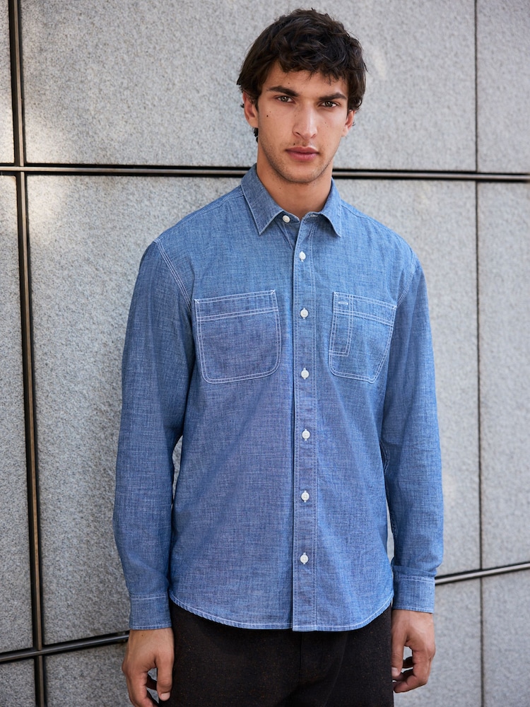Blue Chambray Twin Pocket Long Sleeve Shirt - Image 1 of 7 Blue Chambray Twin Pocket Long Sleeve Shirt - Image 1 of 7