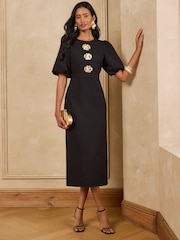 Love & Roses Black Puff Sleeve Gold Floral Button Midi Dress - Image 1 of 5