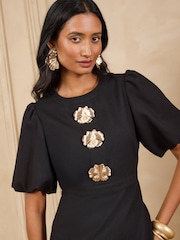 Love & Roses Black Puff Sleeve Gold Floral Button Midi Dress - Image 2 of 5