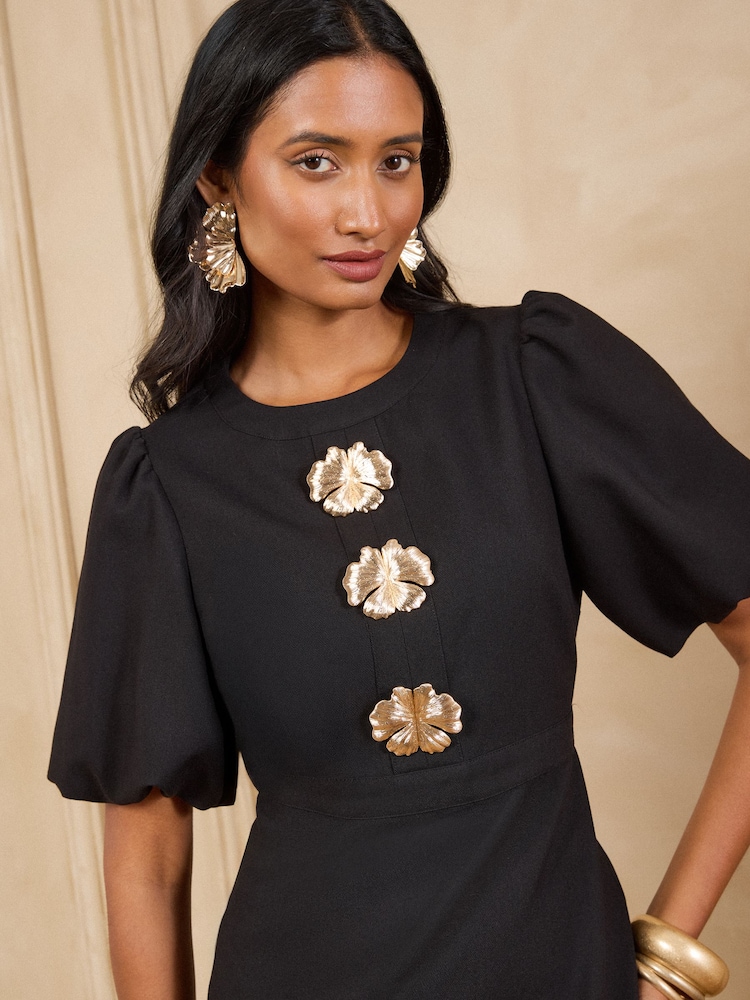 Love & Roses Black Puff Sleeve Gold Floral Button Midi Dress - Image 2 of 5 Love & Roses Black Puff Sleeve Gold Floral Button Midi Dress - Image 2 of 5