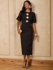 Love & Roses Black Puff Sleeve Gold Floral Button Midi Dress - Image 3 of 5