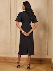 Love & Roses Black Puff Sleeve Gold Floral Button Midi Dress - Image 4 of 5