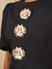 Love & Roses Black Puff Sleeve Gold Floral Button Midi Dress - Image 5 of 5