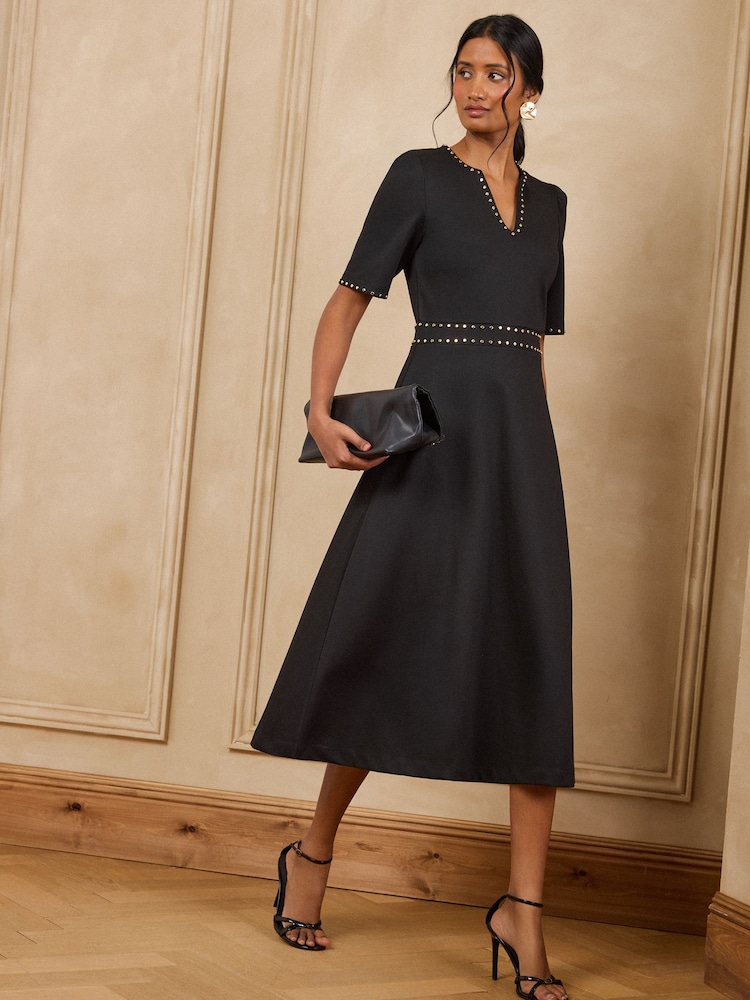 Love & Roses Black Stud Trim Detail Short Sleeve Midi Dress - Image 1 of 5