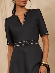 Love & Roses Black Stud Trim Detail Short Sleeve Midi Dress - Image 2 of 5