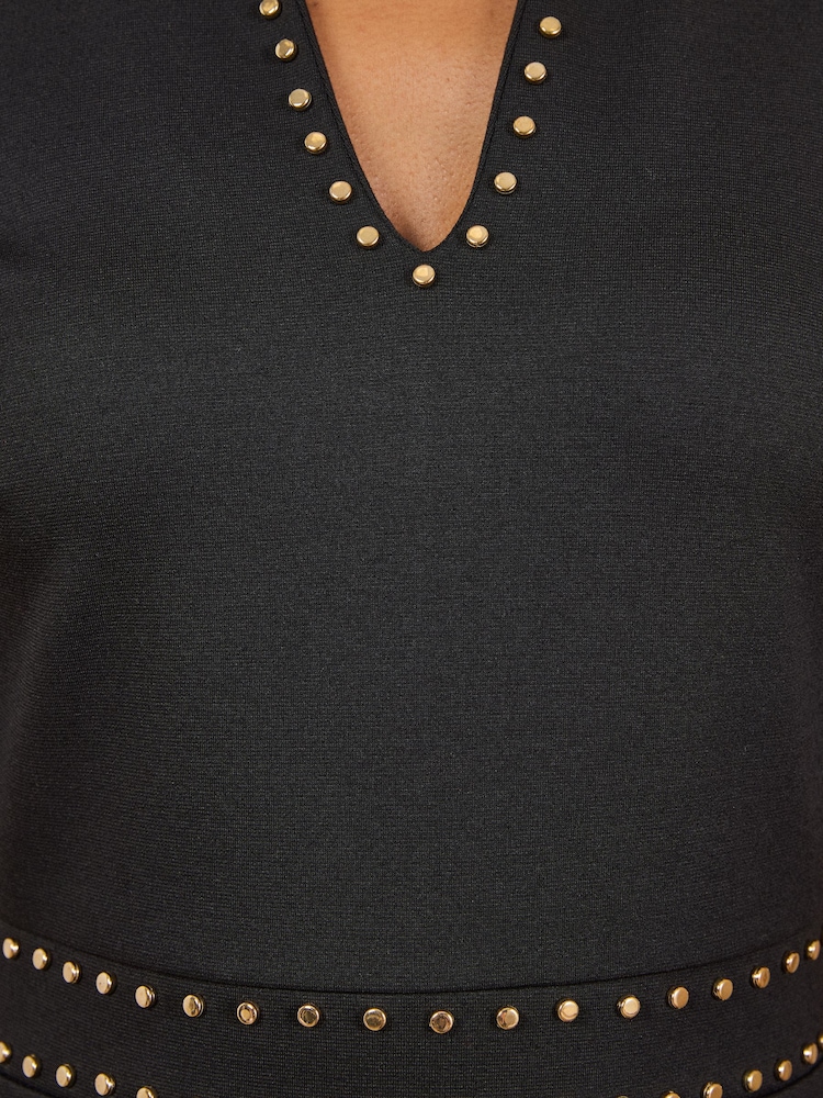 Love & Roses Black Stud Trim Detail Short Sleeve Midi Dress - Image 5 of 5