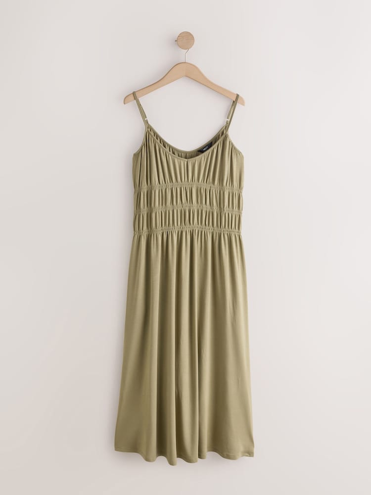 Verde caqui - Shirred Strappy Jersey Midi Dress - Imagen 1 de 3