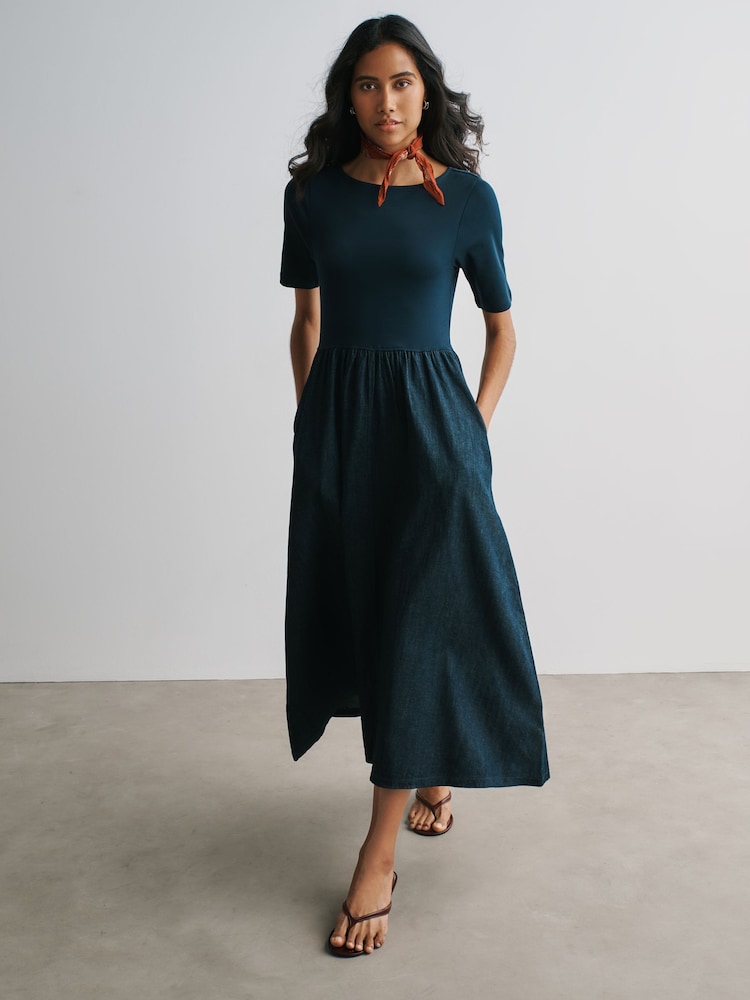 Rinse Wash Short Sleeve Jersey Mix Denim Dress - Image 1 of 7