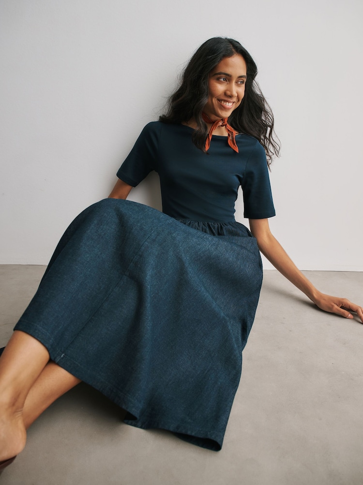 Rinse Wash Short Sleeve Jersey Mix Denim Dress - Image 2 of 7