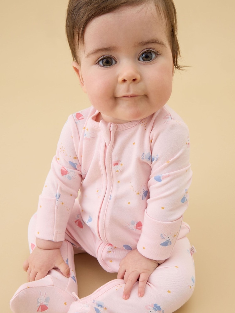 MORI Pink Enchanted Bunnies Clever Zip Supersoft Sleepsuit - Image 1 of 6 MORI Pink Enchanted Bunnies Clever Zip Supersoft Sleepsuit - Image 1 of 6