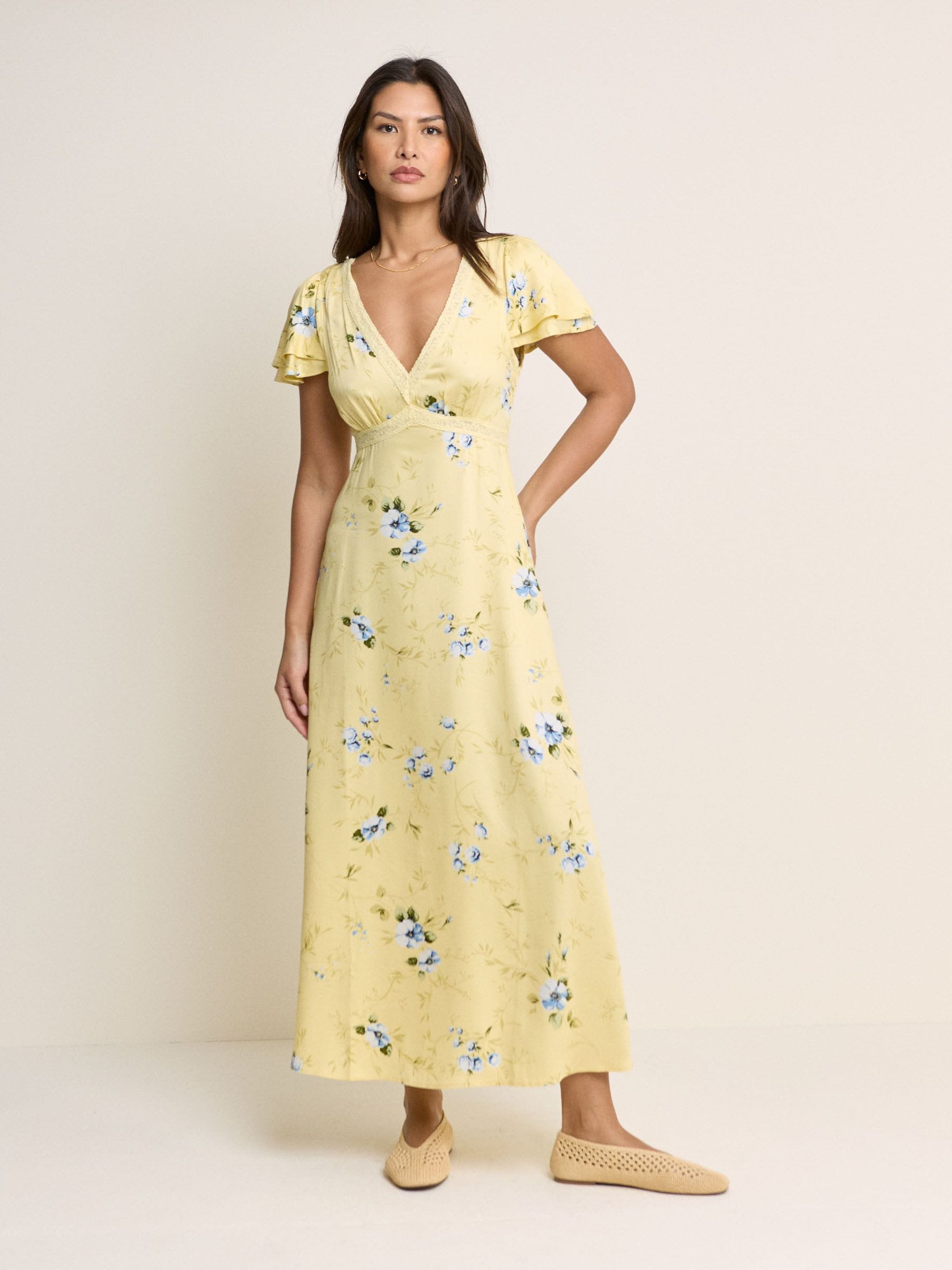 Nobody's Child Women's Yellow Floral Iris V-Neck Midi Dress