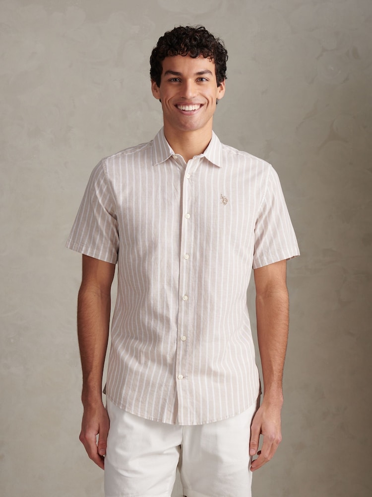 U.S. Polo Assn Natural Linen Blend Summer Stripe Short Sleeve Shirt - Image 2 of 7