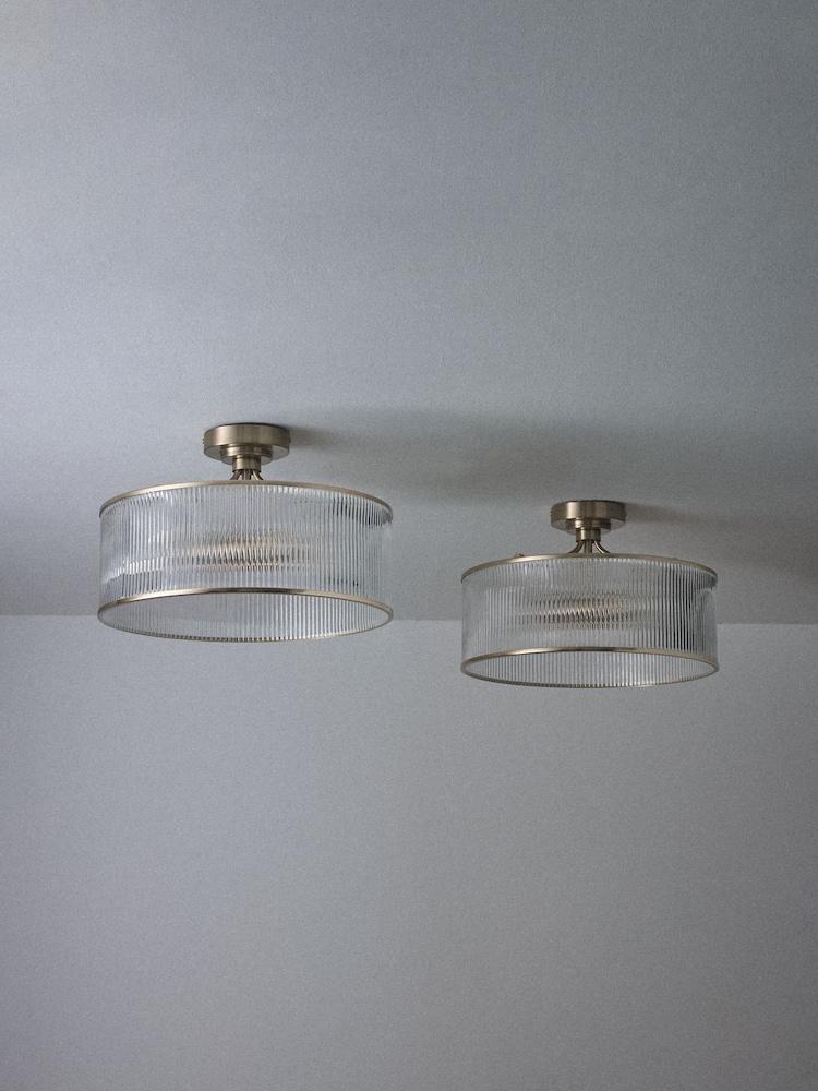 The Set 2 Pack Brass Ribbed Glass 2 Light Flush Ceiling Lights - Image 4 of 4