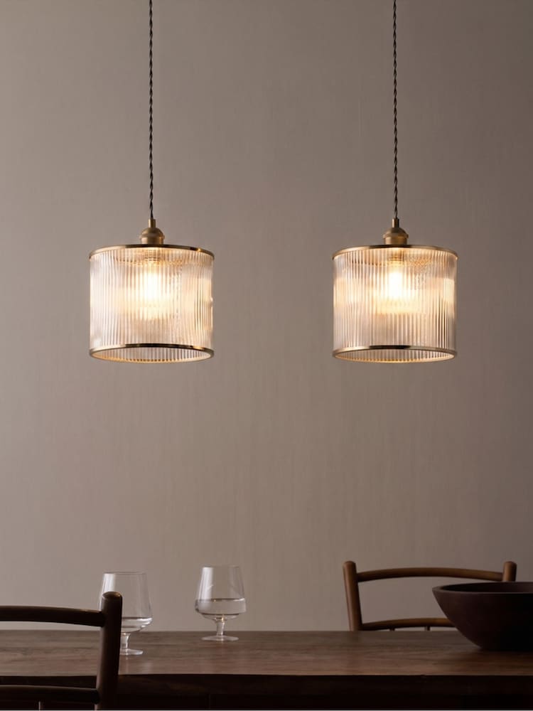 The Set 2 Pack Brass Ribbed Glass Easy Fit Shade Ceiling Lights - Image 1 of 6 The Set 2 Pack Brass Ribbed Glass Easy Fit Shade Ceiling Lights - Image 1 of 6