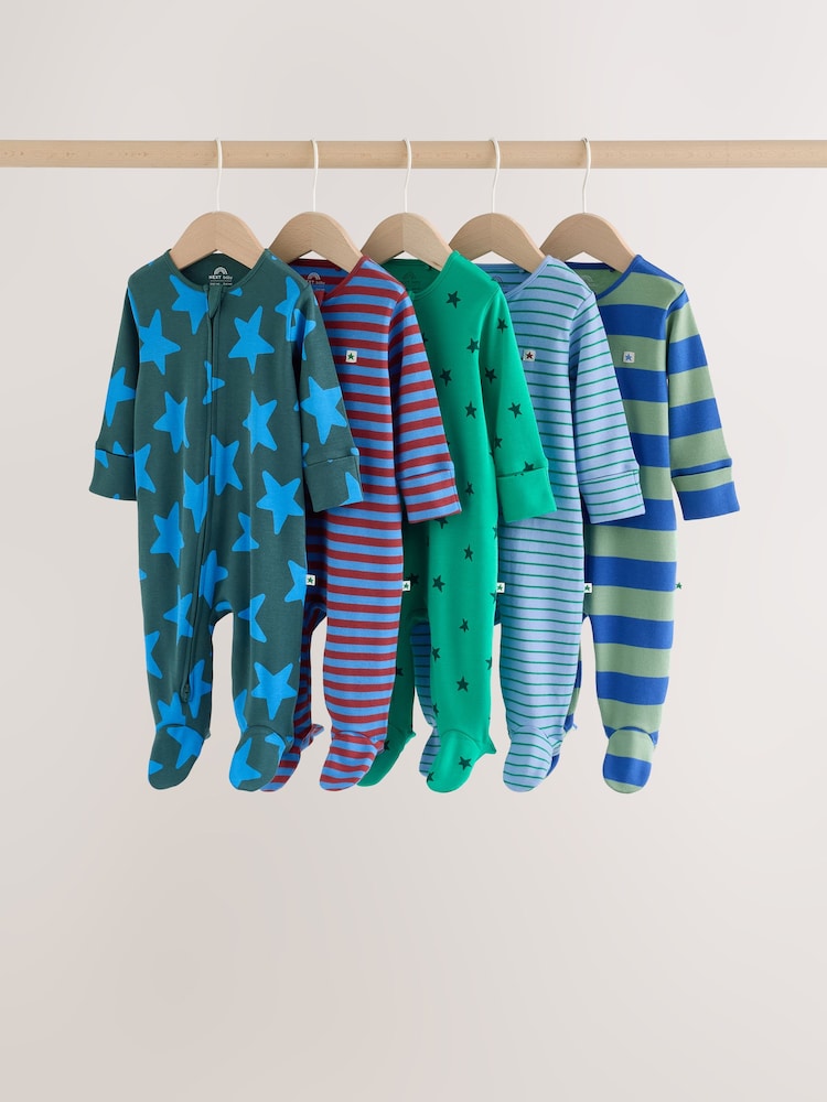 Blue/Green Two Way Zip Baby Sleepsuits 5 Pack (0-2yrs) - Image 1 of 12 Blue/Green Two Way Zip Baby Sleepsuits 5 Pack (0-2yrs) - Image 1 of 12