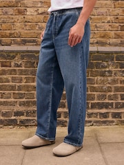 Mid Blue Baggy Fit Elasticated Waist Drawstring Jeans - Image 3 of 9