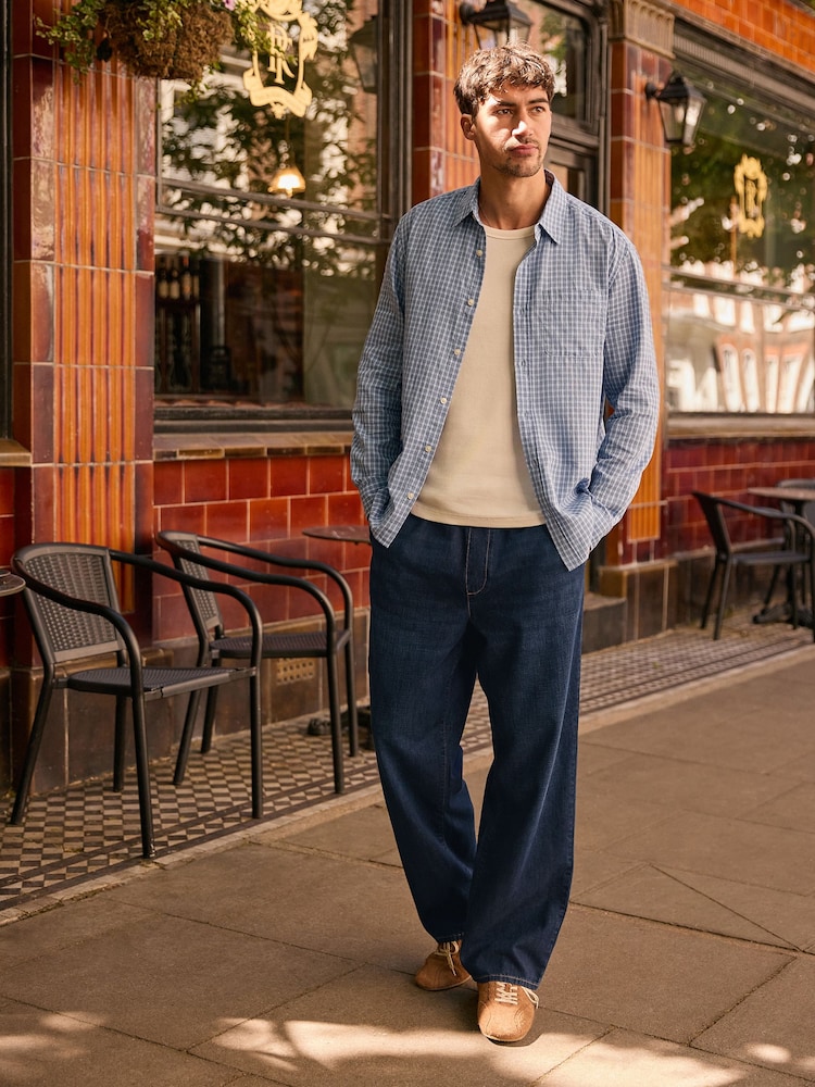 Dark Blue Baggy Fit Elasticated Waist Drawstring Jeans - Image 1 of 12 Dark Blue Baggy Fit Elasticated Waist Drawstring Jeans - Image 1 of 12